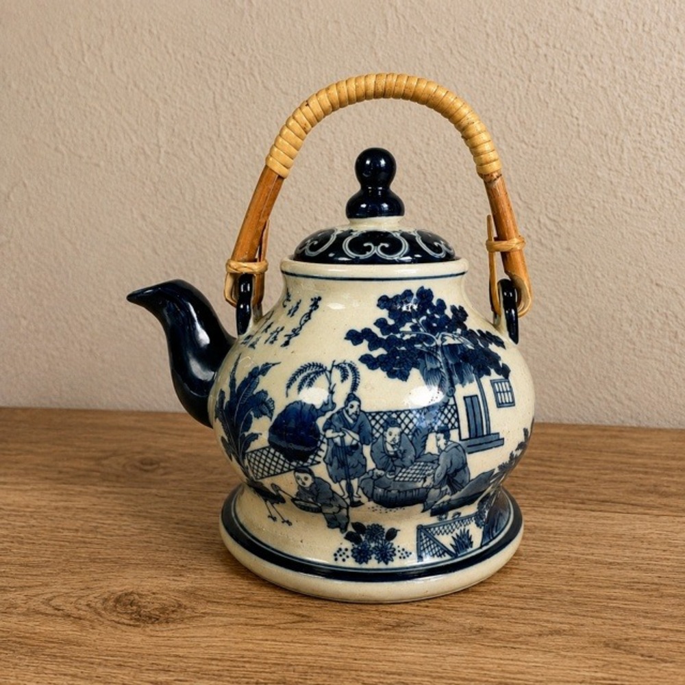 Vintage Blue White Asian Teapot Bamboo Handle Chinese Stoneware Tea Pot